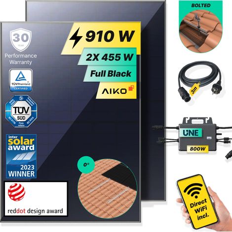 ROBINSUN®️ Kit Solar Enchufable Performance Roof 910Wp, 2 paneles Aiko 455Wp +1 Microinversor 800W con Wifi incluído+Cable 3m+2 Fijaciones Atornillado (1/5)