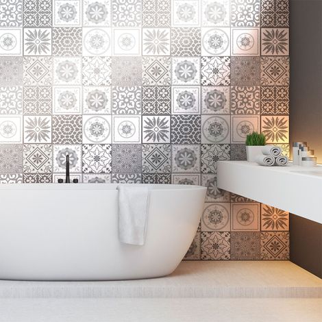 Sticker Mural Carrelage adhésif Cuisine Salle de Bain - 12 STICKERS CARREAUX DE CIMENT NUANCES DE GRIS CORDOBA - 12stickers10x10cm (1/5)