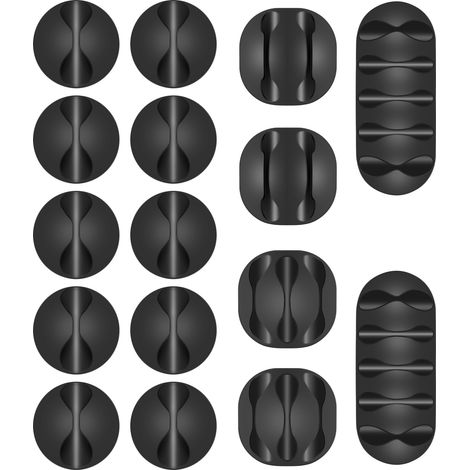 Clips de câble, 16 pièces, organisateur de câbles noir, pour ranger les chargeurs de téléphone, les bureaux, les tables de chevet et dans la voiture. (1/5)