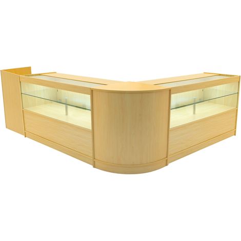 Set Mostradores Comerciales "PHOENIX" Arce CM60 + 2xC1500 + TB60 MDF y vidrio templado Estantes y puertas corredizas con cerradura Fácil Montaje Mostrador Recepción Expositor Comercial Mesa