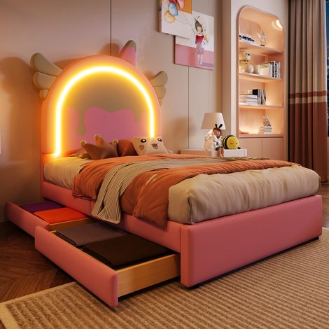 Letti per bambini 90x200cm, Letti con cassetti, forma unicorno, 2 cassetti, LED, PU, senza materasso,​​rosa (1/5)