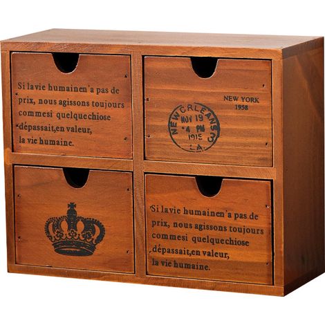 Boîte de rangement de bureau à quatre tiroirs couleur acajou - Tiroirs de rangement de bureau en bois, Dimensions : 25 x 20 x 9 cm (1/5)