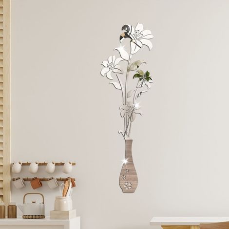 Autocollants muraux miroir – Autocollants muraux 3D en forme de fleur pour salon, chambre à coucher, décoration murale pour arrière-plan TV et toile de fond de canapé (miroir argenté) (1/5)