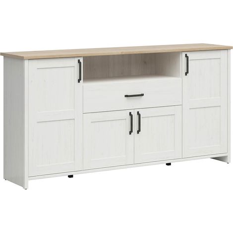 Commode buffet à 4 portes, tiroir et étagère, coloris Blanc pin andersen/Chêne clair - Longueur 194 x Profondeur 42,5 x Hauteur 98,5 cm (1/4)