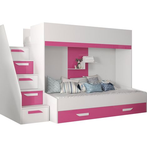Lit superposé Hartford 356, Blanc + Rose brillant + Blanc brillant, Superposés, 90x200, 90x1950, Stratifié, Disponible, 95x247x167cm (1/4)