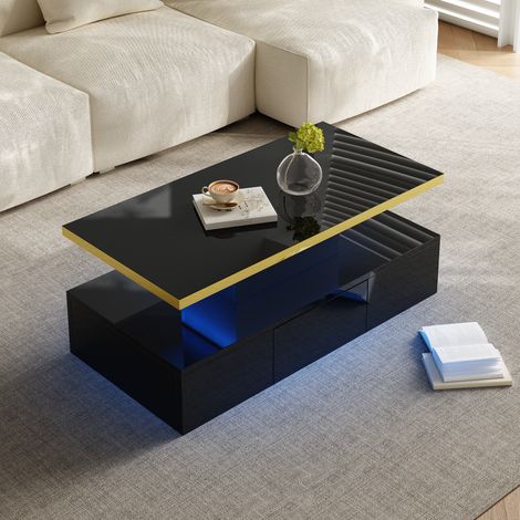 Couchtisch mit 1 Schublade und 2 Ebenen, mit LED, Hochglanzlackiert, Modern, aus Spanplatte, Schwarz, 100×50×39 cm