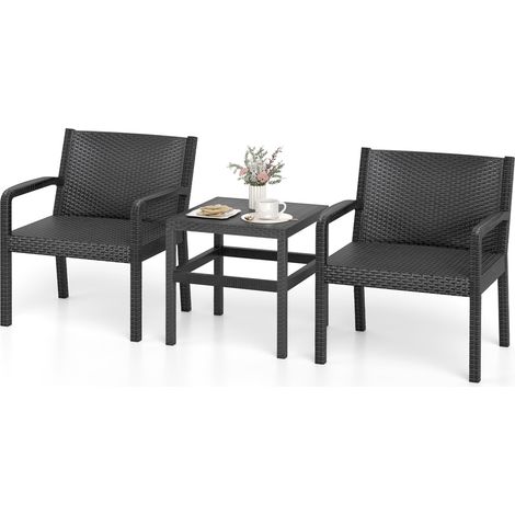 Ensemble de Mobilier de Patio 3 Pièces avec 2 Chaises en Rotin & Table d'Appoint Carrée, Mobilier en Rotin pour Patio, Jardin, Gris