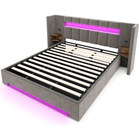 Cadre de lit multifonctionnel en velours: large tête de lit, 2x USB, rangement rétro, éclairage LED, système hydraulique et grand coffre de rangement sous le lit avec tissu non-tissé, 180 x 200 cm