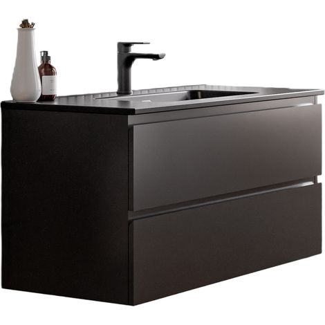 Unterschrank Bernstein AVA 100 cm mit Keramik Waschbecken - Badmöbelfarbe Schwarz matt, Waschbecken Schwarz matt