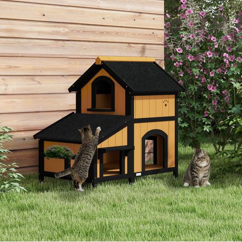 Casa para gatos de exterior (96x65x85.5 cm), de 2 plantas, techo inclinado, madera, amarillo (1/5)