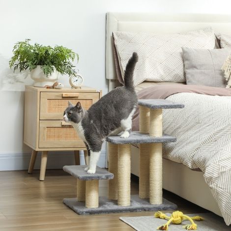 Scala per cani e gatti 3 gradini in legno grigio OKMYHOME (1/3)