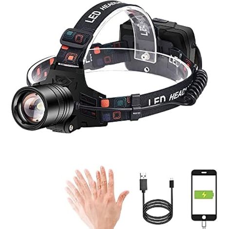 Lampe Frontale,Rechargeable USB,Super Brillante Lampe de 3000 Lumens,Capteur De Mouvement,IPX5 Étanche,réglable pour Le Camping,la Pêche,Le Jogging et la Randonnée