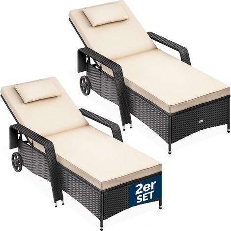 Casaria® Sun Lounger Set of 2 with Wheels, 7cm Cushion, Extra Wide, 90cm Garden Lounger, Weatherproof, 165kg Load Capacity, Patio, Balcony, Furniture, Deck Chair Schwarz Creme (de) (1/5)