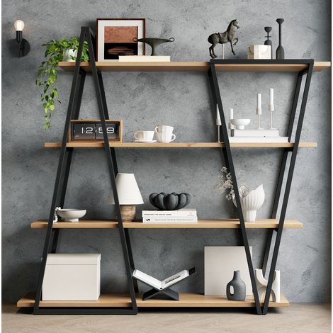 Étagère bibliothèque 158x35x166 cm en bois et métal noir/marron, gain de place pour salon FloraGrace (1/5)
