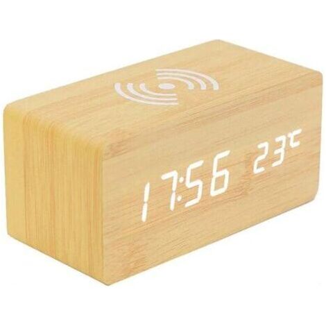 Thermomètre Numérique Réveil Réveil Numérique Bois Réveil À Bois LED Digital avec Chargeur sans Fil, Réveil en Bois avec Chargeur À Induction