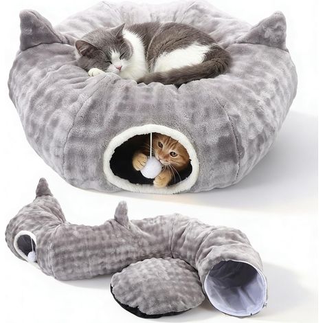 Tunnel Chat, 2 en 1 Tunel Chat Jeu et Panier Chat avec Jouets Suspendus, 2 Entrées, Coussin Circulaire Lavable, Pliable Cachette Chat pour Chatons, Chiots et Lapins (1/5)