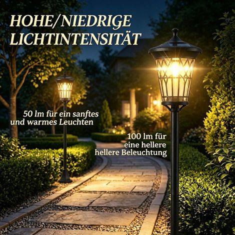 Ensemble de 2 lampes solaires de jardin, lampadaires de 1,86 m de haut en acier inoxydable noir à hauteur réglable (1/5)