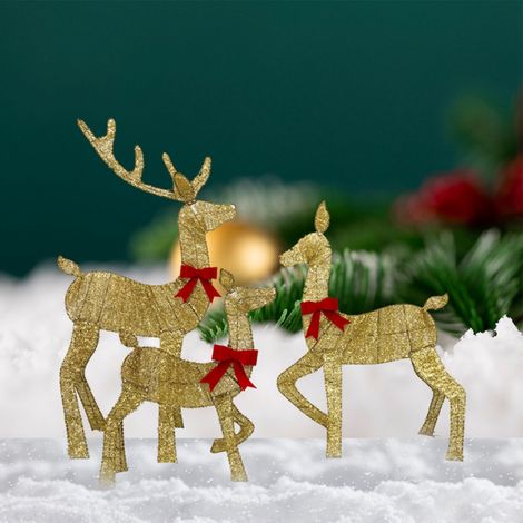 Weihnachtsdekoration Rentierfamilie, 3-teilig, LED, Gold, einfache Montage, für Gartenpartys und Weihnachten