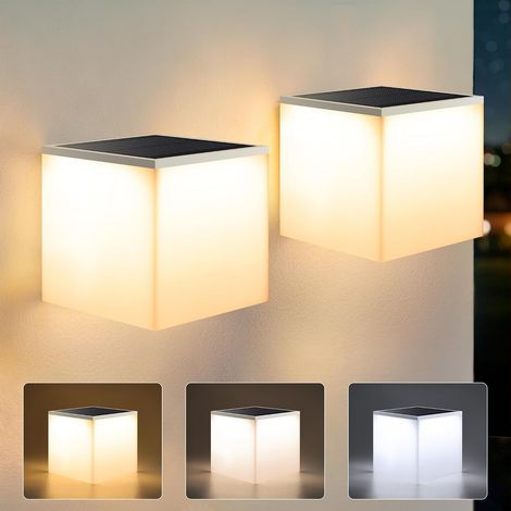Lampe Solaire Murale en Forme de Cube pour Extérieur, Lumière Blanche Chaude + Blanche Froide 2 Pièces – LED Étanche IP44, Adaptée à Jardins, Terrasses et Garages, Modèle Sans Fil Externe (1/5)