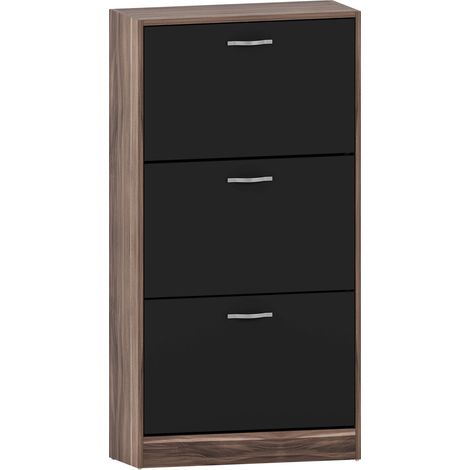 3 Drawer Shoe Cabinet Hallway Storage Cupboard Stand, Walnut-&-Black