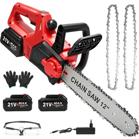 Tronçonneuse sans fil, 12 pouces, 1200 W, sans balais, tronçonneuse électrique avec 2 batteries de 4000 mAh, tronçonneuse sans fil avec huile automatique et chaîne de rechange, tronçonneuse manuelle (1/5)