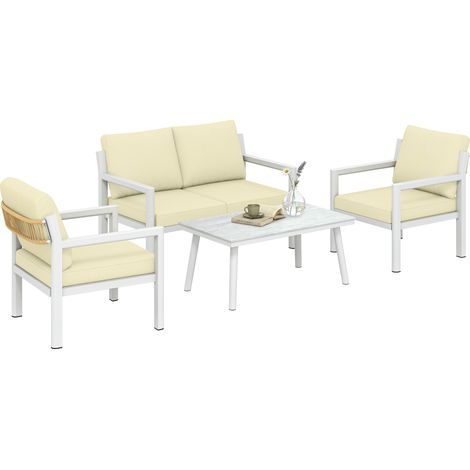 Beige 4-Seat Woven Resin Garden Set with Cushions (1/5)