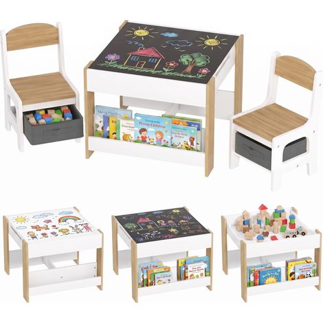 Ensemble 3 pièces table et 2 chaises pour enfant avec plateau réversible tableau noir. panier de rangement. étagères (1/5)