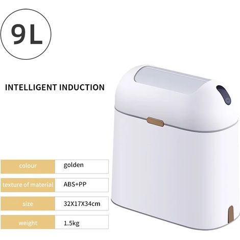 (Poubelle intelligente à capteur haute puissance rechargeable par USB, 9 litres, couleur or) pour la cuisine, la salle de bain et les toilettes. (1/5)