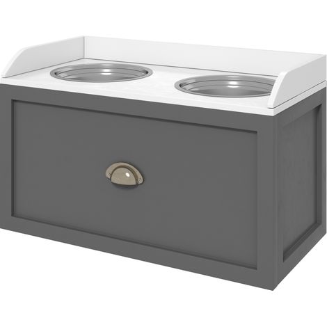 Porte-gamelles surélevé 2 en 1 avec tiroir, 2 gamelles pour chien et chat en acier inox, MDF blanc gris