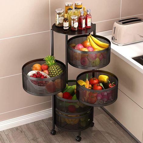 Resserre 5 paniers rotatifs sur roues en acier noir H 90 cm x D 30 cm Etagère de rangement cuisine, salle de bain, bureau - Livraison gratuite