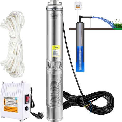 Pompe immergée profonde 1100W 230V, débit 190L/min, hauteur 57m, câble 20m, boîtier externe, inox, IP68, usage industriel, irrigation, domestique. (1/5)