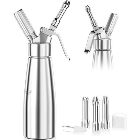 Siphon à crème chantilly 500 ml en aluminium, avec 3 douilles en inox et brosse de nettoyage, parfait pour décorer gâteaux et desserts (1/4)