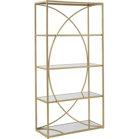 Libreria Glamy 90x38x180 cm in Ferro MDF e Specchio Oro