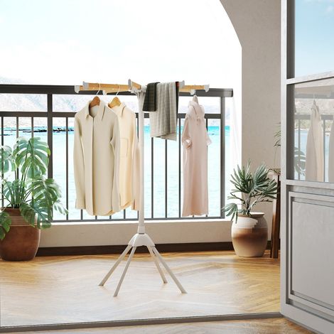 Séchoir à Vêtements à 4 Pieds Séchoir à Linge Pliable avec 8 Barres en Bambou 40 Emplacements pour Cintres Naturel + Blanc (1/2)