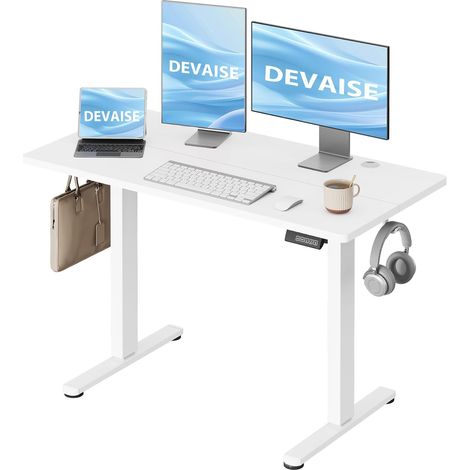 Bureau réglable DEVAISE 120x60 cm, moteur silencieux, 3 mémoires, hauteur 72-118 cm, blanc ergonomique. (1/5)