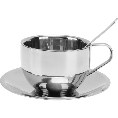 Ensemble tasse à café isotherme 180 ml en acier inoxydable 304 à double paroi avec soucoupe et cuillère. (1/5)