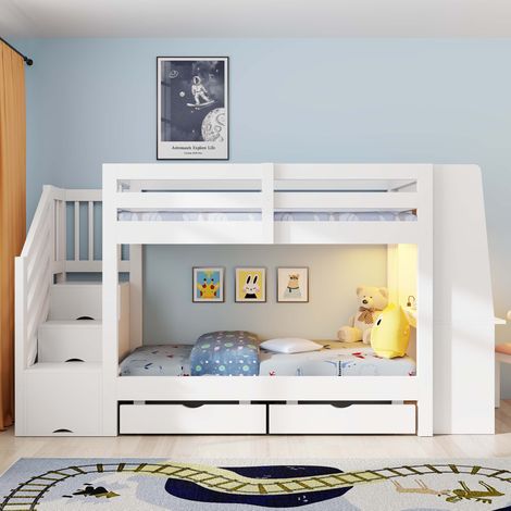 Lit superposé 90x200cm - bureau + LED + prise  +  tiroirs  -  bois  -  blanc (1/5)