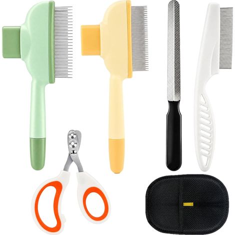 Kit de Soins 5 Pièces pour Chien et Chat, Ensemble d'Outils de Toilette avec Brosse Attrape-Poils, Peigne Anti-Puces, Gant de Massage et Coupe-Ongles pour Éliminer les Poils Morts (1/5)