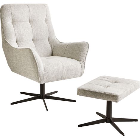 Sillón tapizado en terciopelo beige claro con reposapiés patas de metal dorado estilo moderno retro Molle II