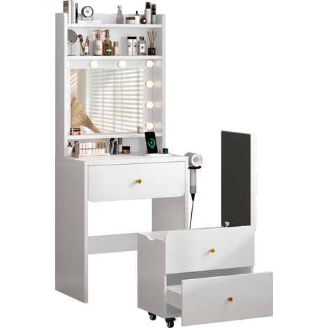 Coiffeuse avec Miroir LED et Tabouret Pivotant à Roulettes, Table de Maquillage avec 10 Ampoules LED, Lumière Réglable à 3 Couleurs, 2 Tiroirs et 4 Compartiments de Rangement, Blanc (1/5)