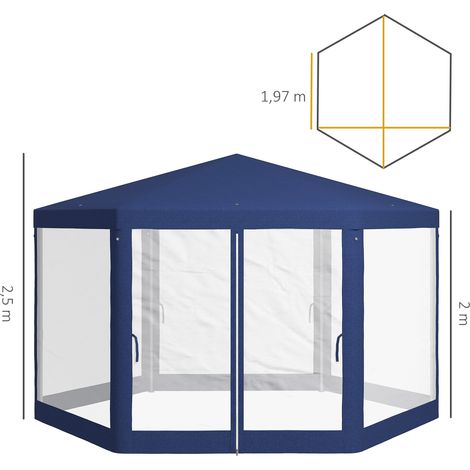 Pavillon de jardin hexagonal, rideaux en voile, structure métallique, 3,94 x 3,412 x 2,5 m, bleu (1/5)