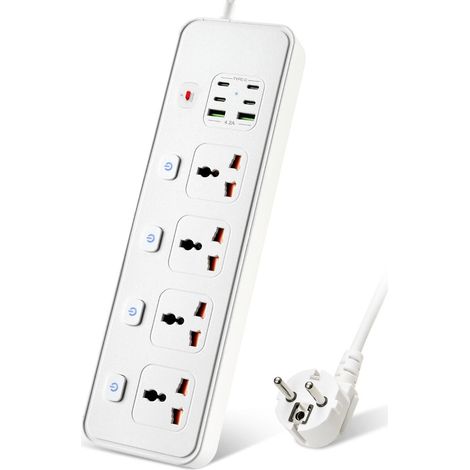 Multiprise Universelle 4 Prises avec USB et Commutateurs Individuel, Universelles Power Strip, Câble d'Extension 2 m Compatible Fiches UE, US, UK, AU, CN, JP, Idéal Voyage, Bureau (Blanche) (1/5)
