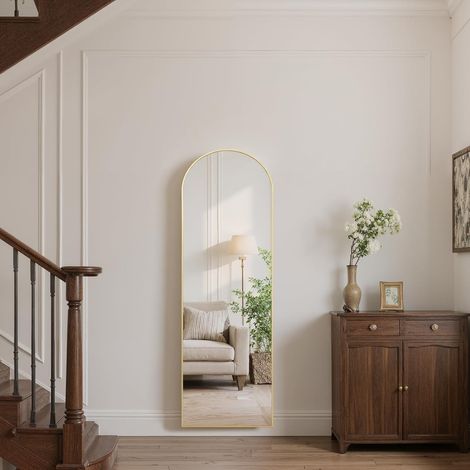 Miroir pleine longueur, 147 x 44 cm, miroir sur pied incurvé avec support, cadre en alliage d'aluminium, posture debout ou adossée pour chambre à coucher, salon, doré (1/5)