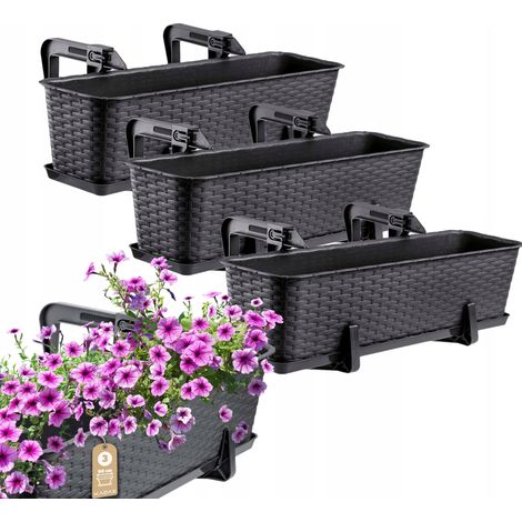 KADAX Balkontopf mit Untersatz und Griffen, 60 cm, Anthrazit, 3 Stück