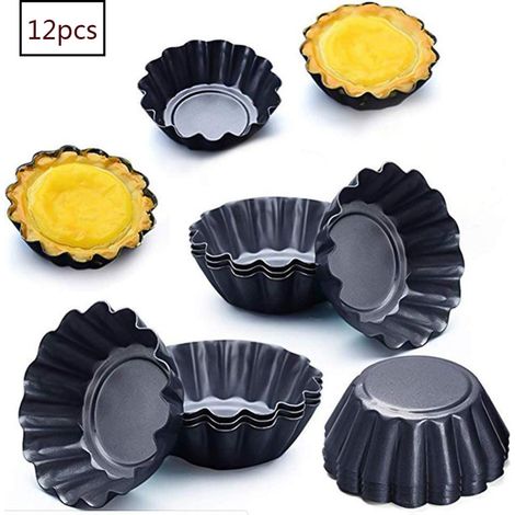 Egg Tart Pan 12 Pieces Mini Cake Pan 7.5cm Carbon Steel Pancake Pan (Black)