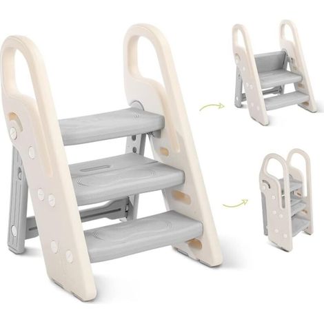 Marche Pied Pliable pour Enfant, Marchepied 3 Marches pour bébé, Marchepieds Hauteur réglable pour Chambre de bébé Rehausseur Stable, Multifonction et Antidérapant, avec Poignées Sécurité,654946cm,Gri (1/5)