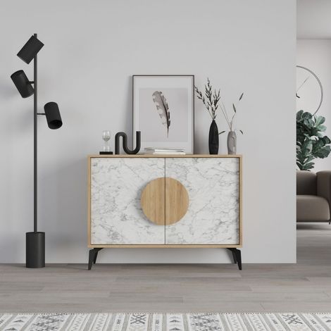 Madia 2 ante 110x35,6x82 colore bianco effetto marmo carrara e rovere Gora110