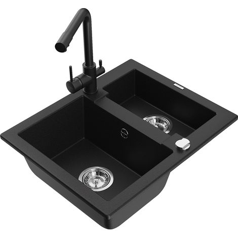 Mexen Carlos fregadero de granito de 1,5 senos con grifo de cocina Duero, negro - 6518-77-671600-70 (1/5)