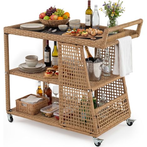 Chariot de Bar Extérieur en Rotin PE 3 Niveaux, Desserte de Jardin avec Plateau Large, 4 Roulettes Pratiques, Poignée Ergonomique, 98 x 54 x 92 cm (1/5)