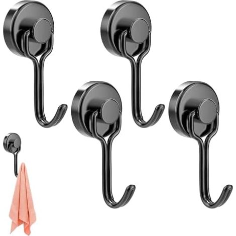 Crochets Magnétiques, Aimantés 4 Pièces Crochet Magnetique Frigo, Magnet Hook, Aimanté Puissant, Noir (1/5)